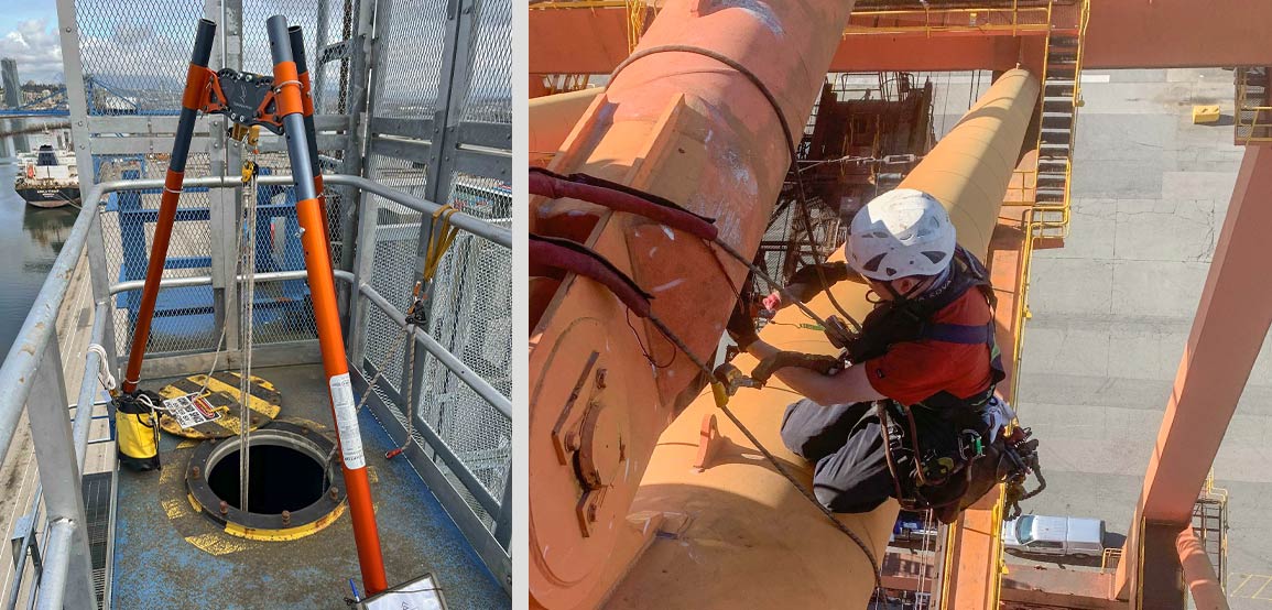 Image shows man in Confined Space Rescue as he hangs on and repairs crane, adjacent picture shows a confined space man hole. 