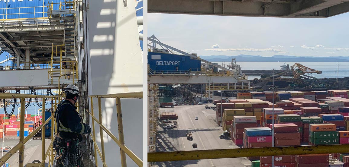 Confined Space Rescue Coverage at Vancouver Ports for Kova Engineering. Image shows Delta port with multiple containers in the Port.  Adjacent picture shows man in confined space wearing rescue gear. 